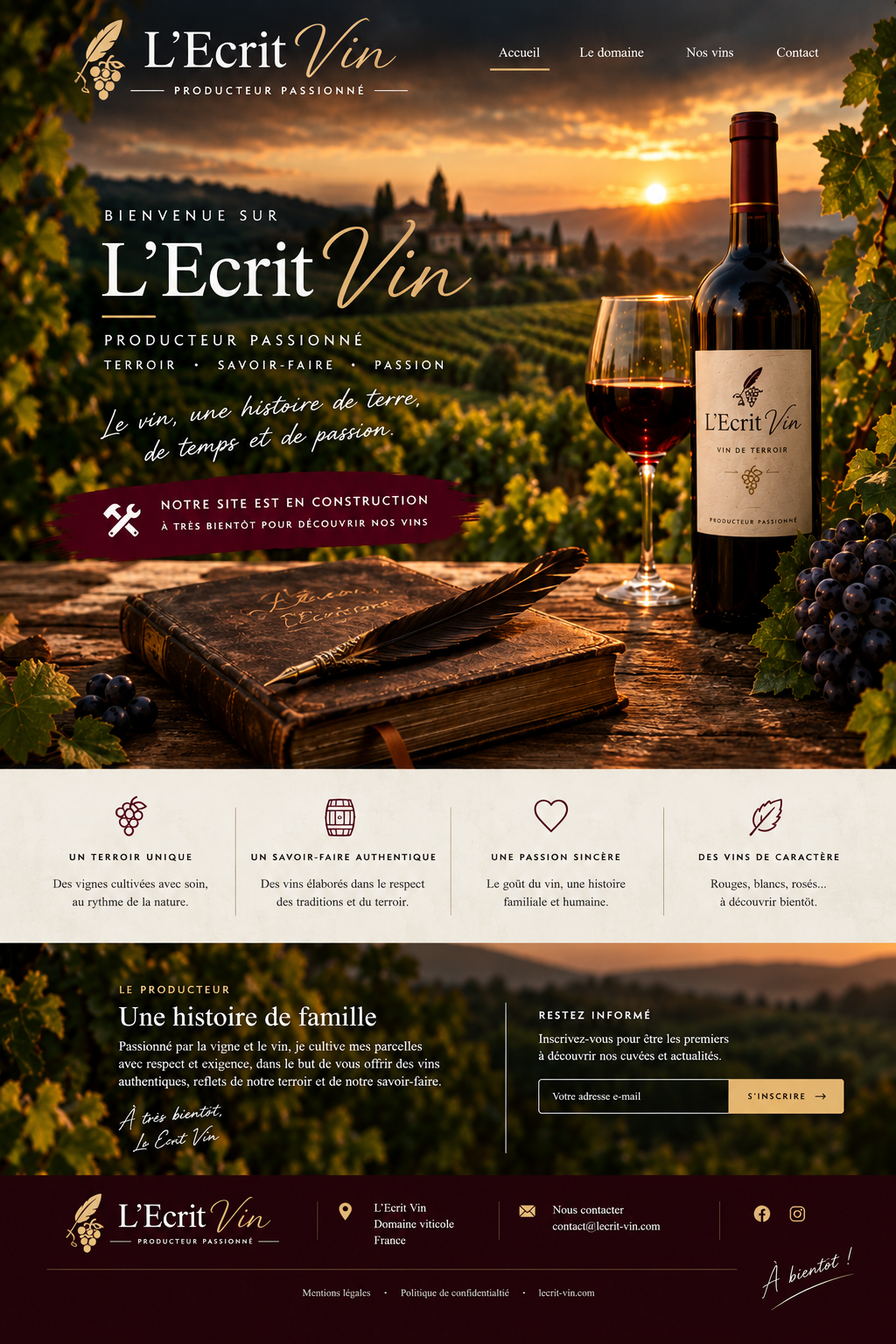 Composition originale L’Ecrit Vin : vignoble au coucher du soleil, bouteille de vin, livre ouvert et plume posés sur une table en bois.